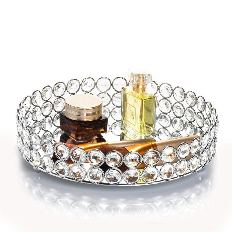 Feyarl Crystal Perfume Tray Cosmetic Makeup Vanity Tray Jewelry Trinket Organizer Mirrored Decorative Tray for Home Deco Christmas Birthday Gift(Round 10" inch) (Silver) - Image 1